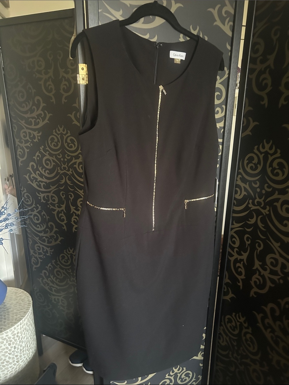 Calvin Klein Black Sleeveless Sheath Dress with Gold Zipper Accents